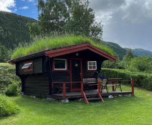 GarmoKvila Hytteutleie的小屋设有草地屋顶和长凳