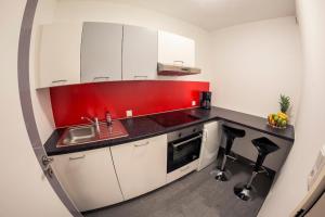 格拉茨Apartment Grazbachgasse的一个带水槽和红色墙壁的厨房