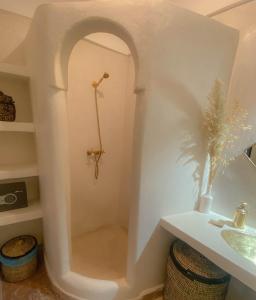 马拉喀什Riad Dar Marrakcha的带淋浴和盥洗盆的浴室