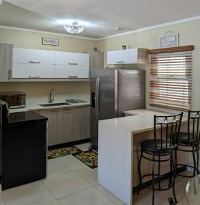 金斯敦Comfy Seascape Retreat near Kingston Airport的厨房配有冰箱和带椅子的柜台