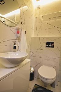 SkawaMotel Na Zbójeckiej的浴室配有白色水槽和卫生间。