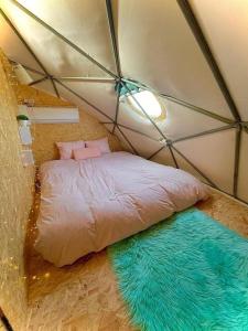 雅弗尼Dome in the Olive Grove כיפה גיאודזית ענקית ומודרנית בין עצי הזית的帐篷内一间卧室,配有一张床