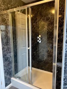 科尔德斯特里姆纽卡斯尔阿姆斯酒店的浴室里设有玻璃门淋浴