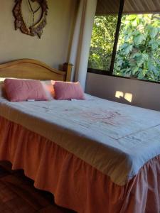 TamborCabaña en Alajuela en lugar tranquilo y con mucha naturaleza.的卧室配有一张带粉红色枕头的床,卧室设有窗户