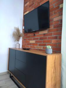 吉日茨科Apartament DanHouse的砖墙上的平面电视,电视架