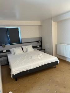 巴克乌Noblesse Bacău的卧室配有一张带白色床单和枕头的大床。