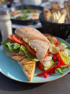 索波特索波特游艇俱乐部旅馆的三明治和蓝盘上的沙拉