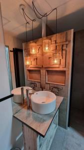 科伊艾科okeyloft Coyhaique 1的浴室设有2个水槽和灯光台面