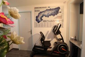 阿尔贝维尔Le Lotus Blanc的一间房间,墙上挂着一张跑步机和地图