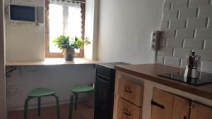San MartínEl rinconin del Sueve的厨房在柜台前设有两个绿色凳子