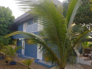 圣安德烈斯LodgeFabi'sPlace的前面有棕榈树的蓝色房子