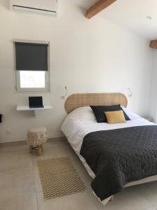 普罗旺斯地区特朗Ti'colombier d Azur的一间卧室设有一张床、一个窗口和一台电视