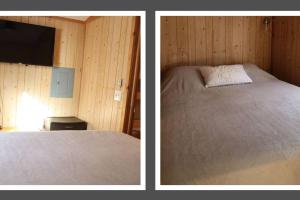 SteinhatcheeDriftwood Cabin - 2nd Street的卧室两张照片,配有一张床和电视