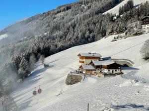 米特西尔Ferienwohnung Traumblick -Familie Seber的雪覆盖的山边的滑雪小屋