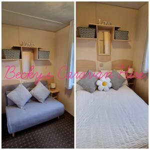布莱克浦Becky's Caravan at Marton Mere的卧室两张照片,配有一张床和一张沙发