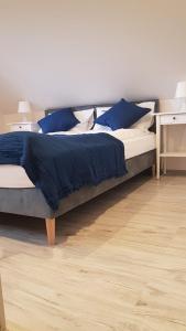 斯蒂格纳Pueblo Apartamenty的一张配有蓝色床单和蓝色枕头的大床