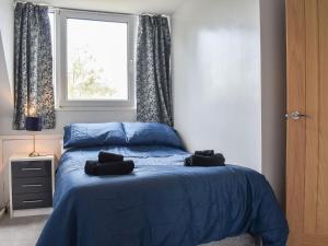 阿什伯恩Ewe Cottage的一间卧室设有蓝色的床和窗户。