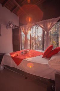 麦德林Hotel Palma De Sevilla的一间卧室配有一张带红色枕头的床和一扇窗户