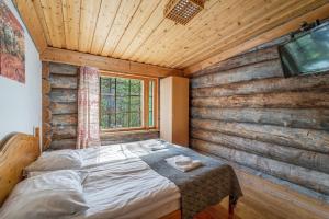 普哈圣山Log Villa Tietotunturi的卧室配有木墙内的一张床
