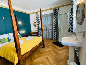 Félines-TermenèsAux Berges du Libre的一间卧室配有一张床、一个水槽和淋浴