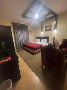 利雅德Al Orouba Hotel的配有一张床和一把椅子的酒店客房