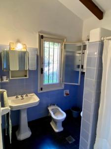 洛斯科克斯Faraway's Bed & Breakfast的蓝色的浴室设有水槽和卫生间