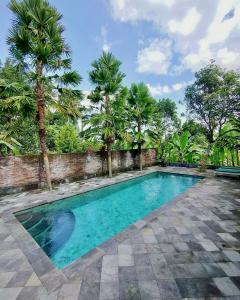 塔巴南Alas Arum Ecolodge的棕榈树庭院内的游泳池
