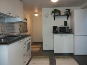 Vallåkra拉根丽丽花园乡村民宿的厨房配有白色橱柜和白色冰箱。