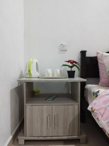 珍南海滩Dahliya Roomstay Langkawi的床头柜,床上有盆栽植物