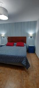 圣罗莎Casa quinta con pileta的一间卧室配有一张带两个红色枕头的床