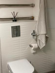 里加Modern Apartment suitable for longstays的浴室设有卫生间和一卷卫生纸