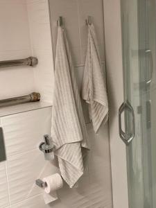 里加Modern Apartment suitable for longstays的浴室设有悬挂在淋浴门上的毛巾