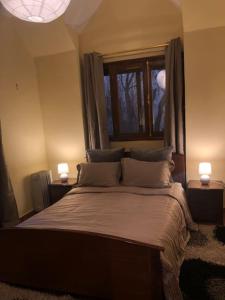 伊夫兰Welcome to Chalet B.的一间卧室配有一张带两盏灯的床和一扇窗户。