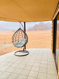瓦迪拉姆Flower Life Camp的享有沙漠景致的门廊上的椅子