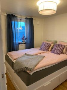 韦姆达伦Stuga i Vemdalen的一间卧室配有一张带紫色枕头的大床