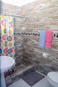 安东尼奥港Robin Hood Guest House的带淋浴、卫生间和盥洗盆的浴室