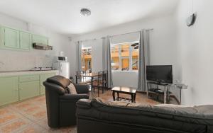 康隆尼角瓦纳一室公寓酒店的带沙发和电视的客厅以及厨房。