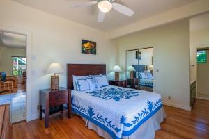 科洛阿Poipu Plantation Vacation Rentals的一间卧室配有一张床和吊扇