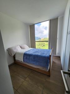 马尼萨莱斯Apartamento Amoblado en Manizales的一间卧室设有一张床和一个大窗户