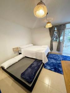 麦德林Selvática Alojamiento Eco的一间卧室配有一张床,铺有蓝色地毯