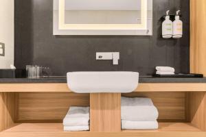 悉尼Furama Darling Harbour的浴室配有盥洗盆和带毛巾的台面。