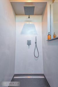 比特亨巴赫Loft Merida - Designer Apartment with Large Bathtub的带淋浴的浴室,墙上有灯
