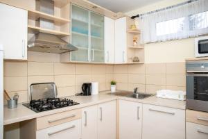 别洛瓦尔Apartmani i Sobe Kočiš的厨房配有白色橱柜和炉灶烤箱。