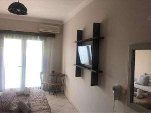 阿依亚埃夫菲亚海神公寓式酒店的一间卧室配有一张床、镜子和电视