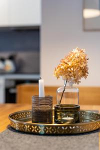 丰塔内拉Faschina Apartment - Top 1的一个带蜡烛和花瓶的托盘