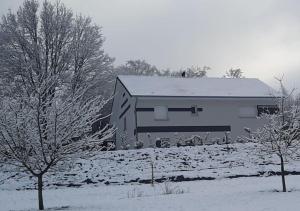 FrémifontaineLa KAVAL Vosgienne的一座被雪覆盖的建筑,前面有树木