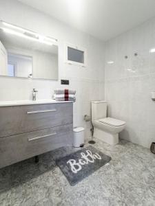 坎巴多斯Apartamento Los olmos的一间带卫生间、水槽和镜子的浴室