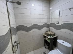 埃里温RP HOTEL (NEW)的带淋浴、卫生间和盥洗盆的浴室