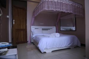 达累斯萨拉姆B10 Airport Lodge的卧室内的白色床和天蓬