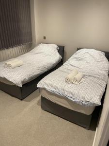 哈罗Whole apartment in Harrow Town centre的卧室内两张并排的床